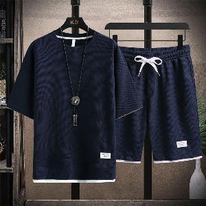 Set estivi Waffle da uomo Tshirt casual  pantaloncini Set Completo sportivo maschile Tuta tinta unita Tute larghe XL