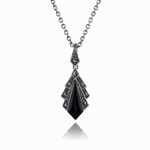 Art Deco Style Black Onyx  Marcasite Pendant in 925 Sterling Silver