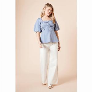 Enjoy 77 Discount on Womens Blue Poplin Blouse with Puff Sleeves  Size 14
