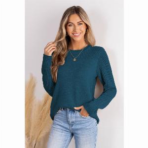 Pull à col rond perforé et manches longues bleu