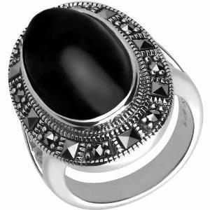 Sterling Silver Whitby Jet Marcasite Frame Large Oval Ring