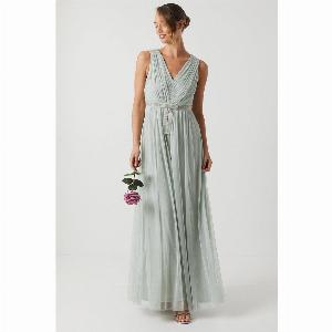 Bow V Neck Mesh Bridesmaid Maxi Dress  Sage