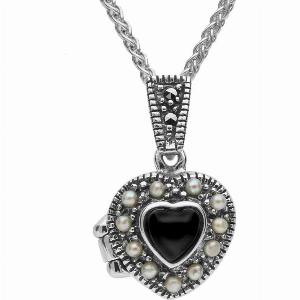 Sterling Silver Whitby Jet Pearl Small Bead Edge Heart Locket