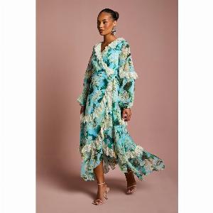 Petite Lace Trim Chiffon Wrap Dress