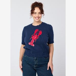 Joanie Clothing Clare Lobster Intarsia Scalloped Short Sleeve Knitted Top  Small UK 810   Sustainable Organic Cotton Navy