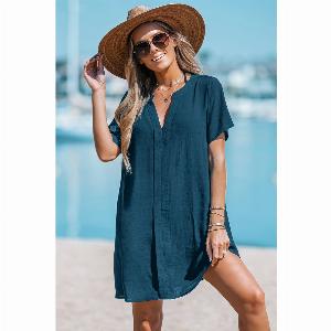 Robe courte bleue à col cranté et manches courtes maintenant à 2370