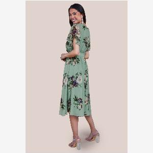 Goddiva Floral Printed Flutter Sleeve Chiffon Midi Dress  Sage Green