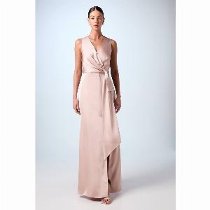 V Neck Bow Maxi Bridesmaids Dress  Mocha