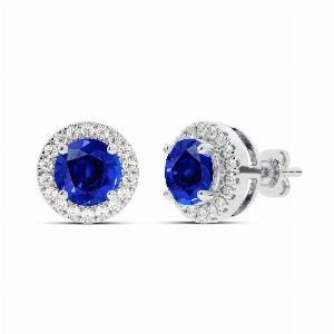 Dainty Lab Grown Diamond Dynasty Halo Earrings  10K White Gold 16 cttw Diamond  4mm Round Sapphire