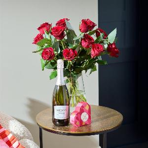 Dozen Luxury Red Roses Prosecco and Chocolates Gift Set
