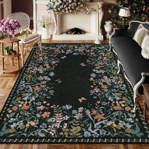 Solene Washable Modern Blooming Floral Garden Black Rug  8 x 10