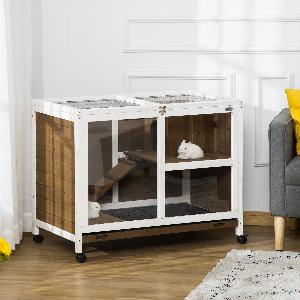PawHut Cage à lapin clapier sur roulettes petit enclos aninaux en bois massif 2 étages toit ouvrant 915 x 533 x 73 cm marron