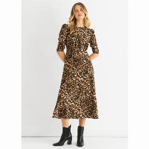 Brown Animal Print Satin Animal Shift Midi Dress