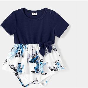 Family Matching Dark Blue Cotton Tshirts and Floral Dress Sets Now 1050