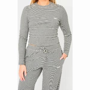Kaiia Striped Fleece Fitted Long Sleeve Top Grey Marl White