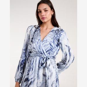 Watercolour Wrap Front Belted Midi Dress  S  BLUE