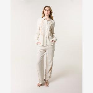 Linen Flower Embroidery Blouse  XL  Linen
