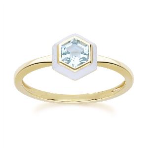 Geometric Hex Blue Topaz and White Enamel Ring in Gold Plated Sterling Silver