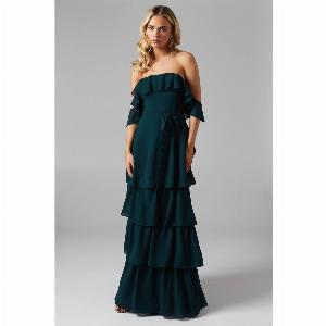 Petite Bardot Tiered Georgette With Tie Detail Bridesmaids Dress