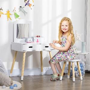 ZONEKIZ KinderFriseuse Schminktisch mit Hocker Spiegel und 2 Schubladen 3 bis 6 Jahre  60 x 40 x 95 cm  Weiß und Holz   Aosom