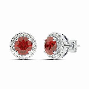 Dainty Lab Grown Diamond Dynasty Halo Earrings  10K White Gold 16 cttw Diamond  4mm Round Ruby