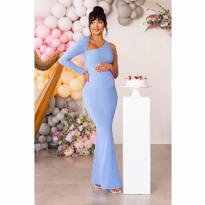 Oh Baby Powder Blue Maternity One Shoulder Bodycon Maxi Dress
