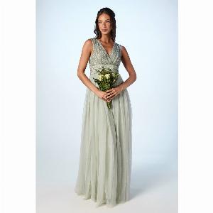 Beaded Sleeveless Maxi Bridesmaids Dress  Sage