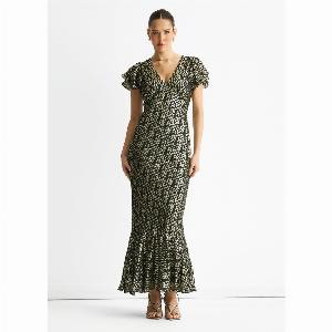 Get 20 Discount on Dark Green Viscose Bias Cut Maxi Dress with Gold Trim