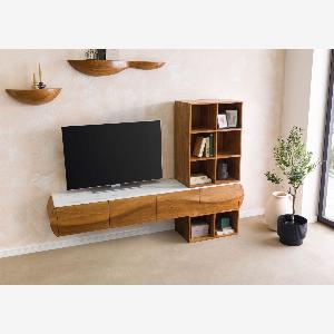 Ensemble de meubles de salon en bois dAcacia 204x40x145 naturel laqué  marbre blanc MONTREAL