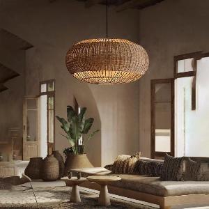 Handcrafted Rattan Pendant Light in Flat Round Basket Shape