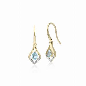 Classic Pear Blue Topaz  Diamond Leaf Halo Drop Earrings in 9ct Yellow Gold