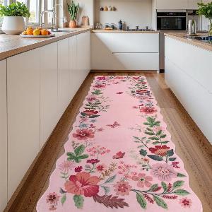 Flore Washable Boho Modern Parisian Floral Scalloped Pink Rug  2 x 6