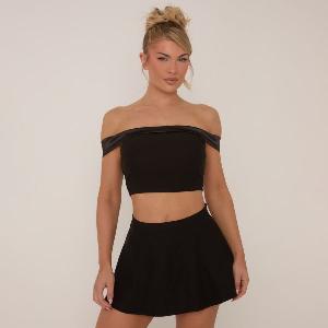 Satin Fold Over Bardot Top In Black Womens Size UK 14
