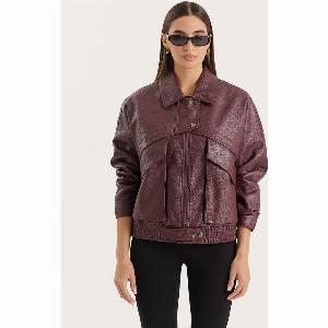 Burgundy Textured Faux Leather Cropped Jacket Kerry