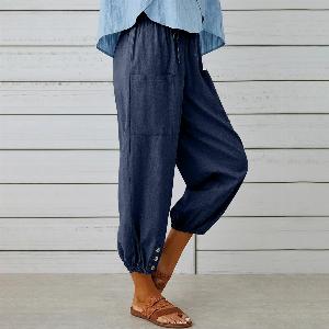 Pantalon dété ample taille haute pour femmes pantalon en coton et lin à neuf points à jambes larges XXXL