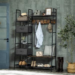 HOMCOM Portemanteau meuble de rangement entrée 6 étagères 4 crochets 2 tiroirs en tissu 125 x 43 x 1855 cm en acier et bois