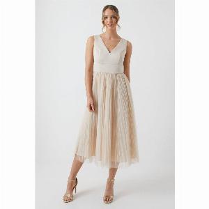 Satin Bodice Tulle Skirt Midi Bridesmaids Dress  Champagne