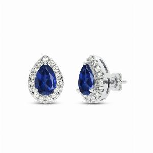 Dainty Lab Grown Diamond Teardrop Halo Earrings  10K White Gold 16 ct tw Diamond  55X35mm Pear Shaped Sapphire