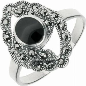 Sterling Silver Whitby Jet Marquise Oval Centre Twisted Ring