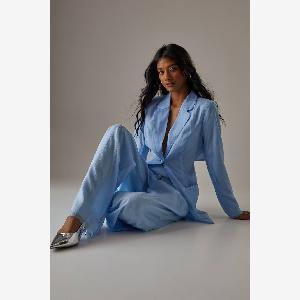 Warehouse Womens Organza High Waisted Wide Leg Trousers in True Blue Size 8