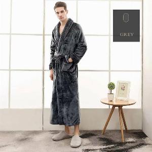 Bademantel Flanell  langer Saunamantel mit Taschen und Kragen in Waffeloptik  weicher Morgenmantel  Langbademantel  Grau  XL