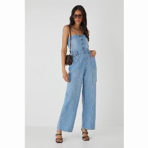 Womens Denim Button Front Bandeau Jumpsuit  light wash  12 Light Wash