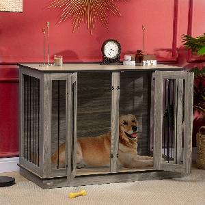 PawHut Hundekäfig Haustierkäfig mit herausnehmbarem Trennwand Hundebox Tierkäfig Hundehütte innen DunkelwalnussEiche 120 x 60 x 885 cm   Aosom