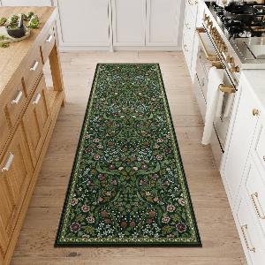 Claude Washable Maximalism Vibrant Blossom Floral Dark Green Rug  2 x 6