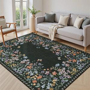Solene Washable Modern Blooming Floral Garden Black Rug  5 x 7