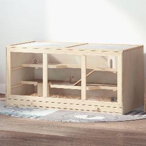 PawHut Cage à hamster cage gerbilles 2 niveaux toit ouvrable fenêtres cabane 2 échelle 115 x 57 x 55 cm effet bois naturel