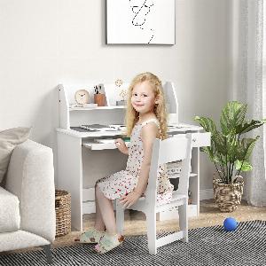 ZONEKIZ Ensemble bureau et chaise pour enfant 58 ans avec nombreux rangements tablette coulissante tiroir blanc