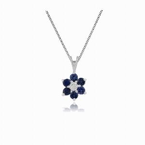 Floral Round Sapphire  Diamond Cluster Pendant in 9ct White Gold