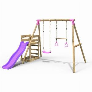 Wooden Double Swing Set with Trapeze Bar and Slide  Janus Pink