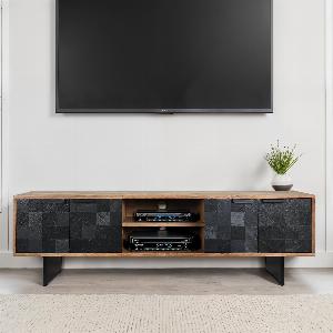 FineBuy Lowboard Akazie Massivholz 150 cm TV Board mit Steinoptik Fronten  Metallgestell Fernsehtisch modern mit Stauraum  Kabeldurchführung TV Schrank Design Industrial für Wohnzimmer